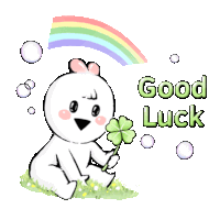 a cartoon drawing of a rabbit holding a four leaf clover and the words good luck