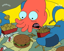 a cartoon of an octopus eating hamburgers and french fries with hulu written on the bottom
