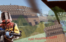 a man holding a gun in front of a rust mountain roof advertisement