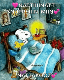 a cartoon of snoopy and woodstock sleeping in a bed with the words good night nattakoor