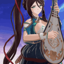 a girl with long hair is holding a guitar with a blue sky in the background