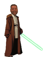 a man in a brown robe is holding a green lightsaber