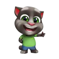 a cartoon cat wearing a green shirt and blue shorts points at something