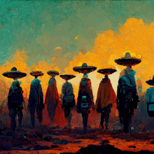 a painting of a group of people wearing sombrero hats with a motorcycle in the background