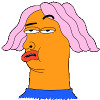 a cartoon drawing of a person with pink hair and a blue shirt