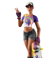 a girl with a unicorn on her shirt holds a skateboard