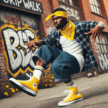 a man wearing a bandana and yellow converse shoes is squatting in front of a graffiti covered wall that says grip walk