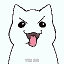 a white cat with its tongue hanging out is making a funny face .