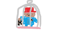 a drawing of a man in a cage with a red hat on