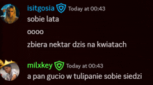 a screenshot of a conversation between isitgosia and milxkey