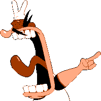 a cartoon of a man with a very long tongue pointing at something