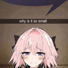 a cartoon of a girl with pink hair and purple eyes asking why is it so small