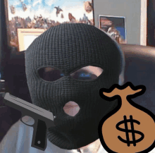 a person wearing a ski mask with a gun and a bag of money