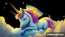 a colorful unicorn is laying on a cloud with make a gif.com written below it