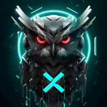 an owl with red eyes and a blue x on it 's face