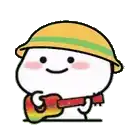 a cartoon character is holding a guitar and wearing a helmet .