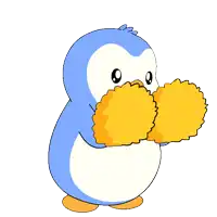 a blue and white penguin with orange cheerleader pom poms