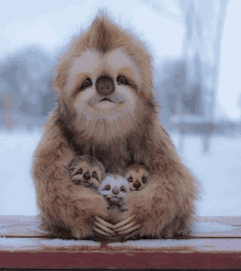 a stuffed sloth holding three baby sloths on a snowy bench