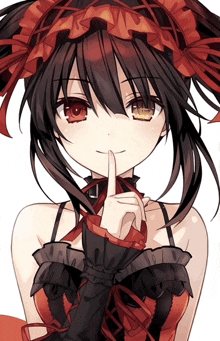 a girl with long black hair and red eyes is holding her finger to her lips