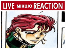 a poster for a live mikujo reaction with a drawing of a man with red hair