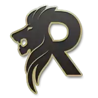 a black and gold letter r with a lion 's head