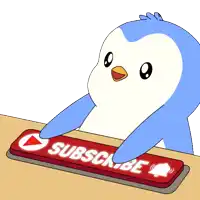 a penguin is pressing a subscribe button with a bell on it