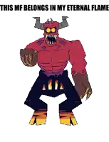 a pixel art of a demon with horns and the words this mf belongs in my eternal flame