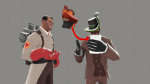 a man in a white coat with a red cross on it talks to another man in a brown suit