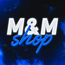 a logo for m & m shop with blue flames behind it