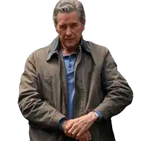 an older man wearing a brown jacket and a blue polo shirt