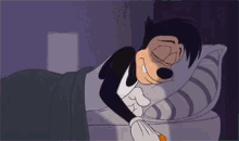 mickey mouse is sleeping in a bed with his eyes closed and holding a pillow .