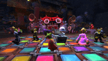 a group of gnomes are dancing on a dance floor in a video game