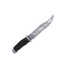 a knife with a black handle and a yellow ring on it is on a white background .