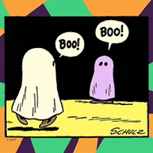 a cartoon of two ghosts saying boo on a colorful background