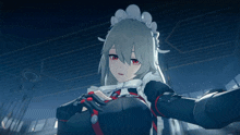 a girl with a maid outfit and red eyes is standing in a dark room