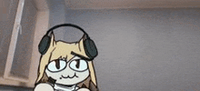 a cartoon girl wearing headphones and glasses is standing in a room .