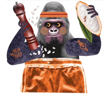 a gorilla is holding a pepper mill and a cocoa bean