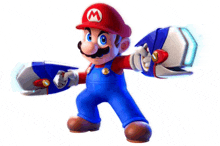 mario is wearing a red hat and blue overalls