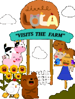 a sign that says little lola visits the farm with animals around it