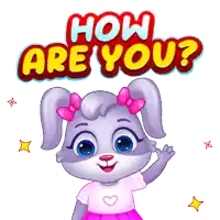 a cartoon bunny is waving in front of a sign that says " how are you "