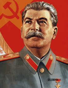 a painting of a man with a mustache and a hammer and sickle on the background