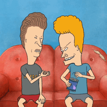 two cartoon characters are sitting on a couch and one has a shirt that says metallica