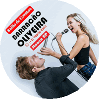 a man and a woman singing into a microphone with the name barracao oliveira on it