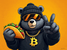 a bear wearing sunglasses and a hoodie with the letter b on it is holding a taco and giving a peace sign