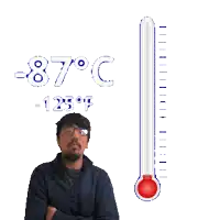a man with glasses stands next to a thermometer that reads -87 degrees c