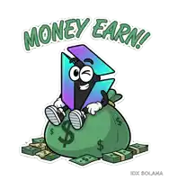 a sticker that says money earn with a cartoon character holding a bag of money