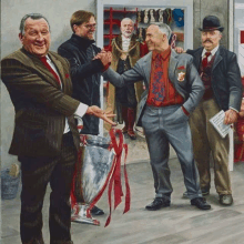 a painting of a man holding a trophy surrounded by other men