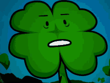 a cartoon drawing of a four leaf clover with a surprised face