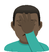 a man covering his face with his hand in a blue shirt