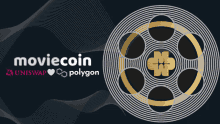 an advertisement for moviecoin polygon with a film reel